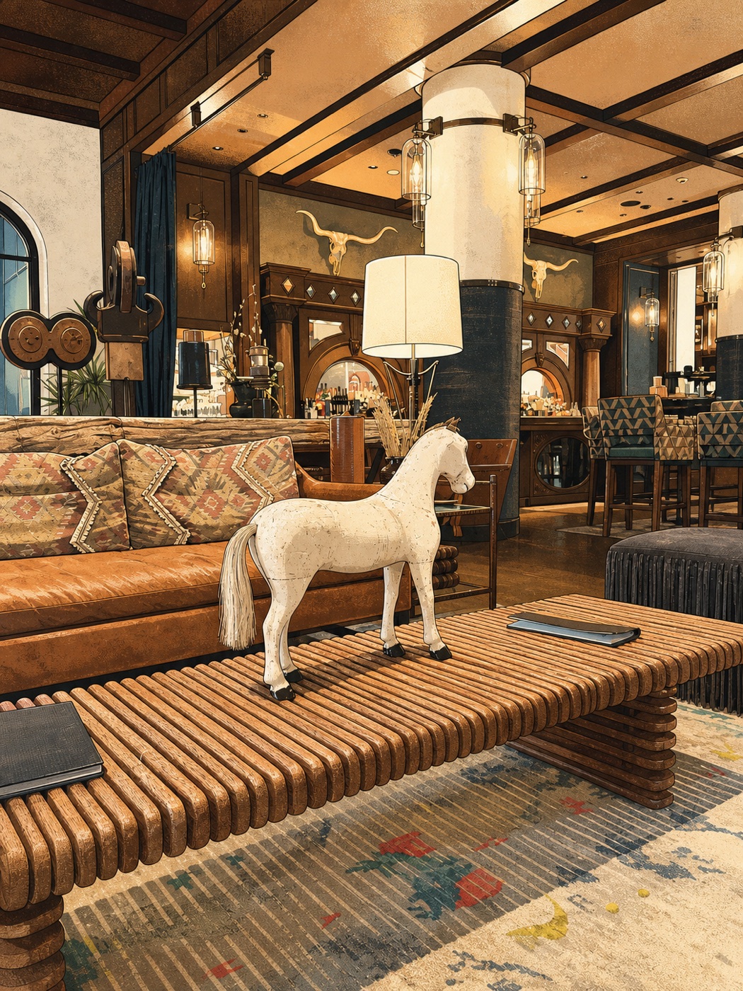 A hand-drawn hotel lounge with a horse sculpture, lamps, tables, and chairs.